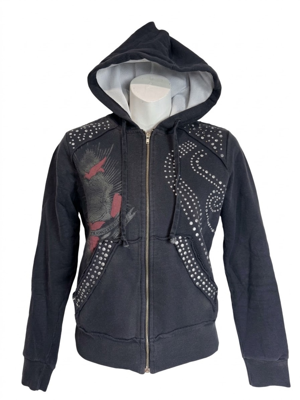 Y2K Black Studded Graphic Zip Up Hoodie Sweatshirt Mall Goth S Sacred Heart VTG